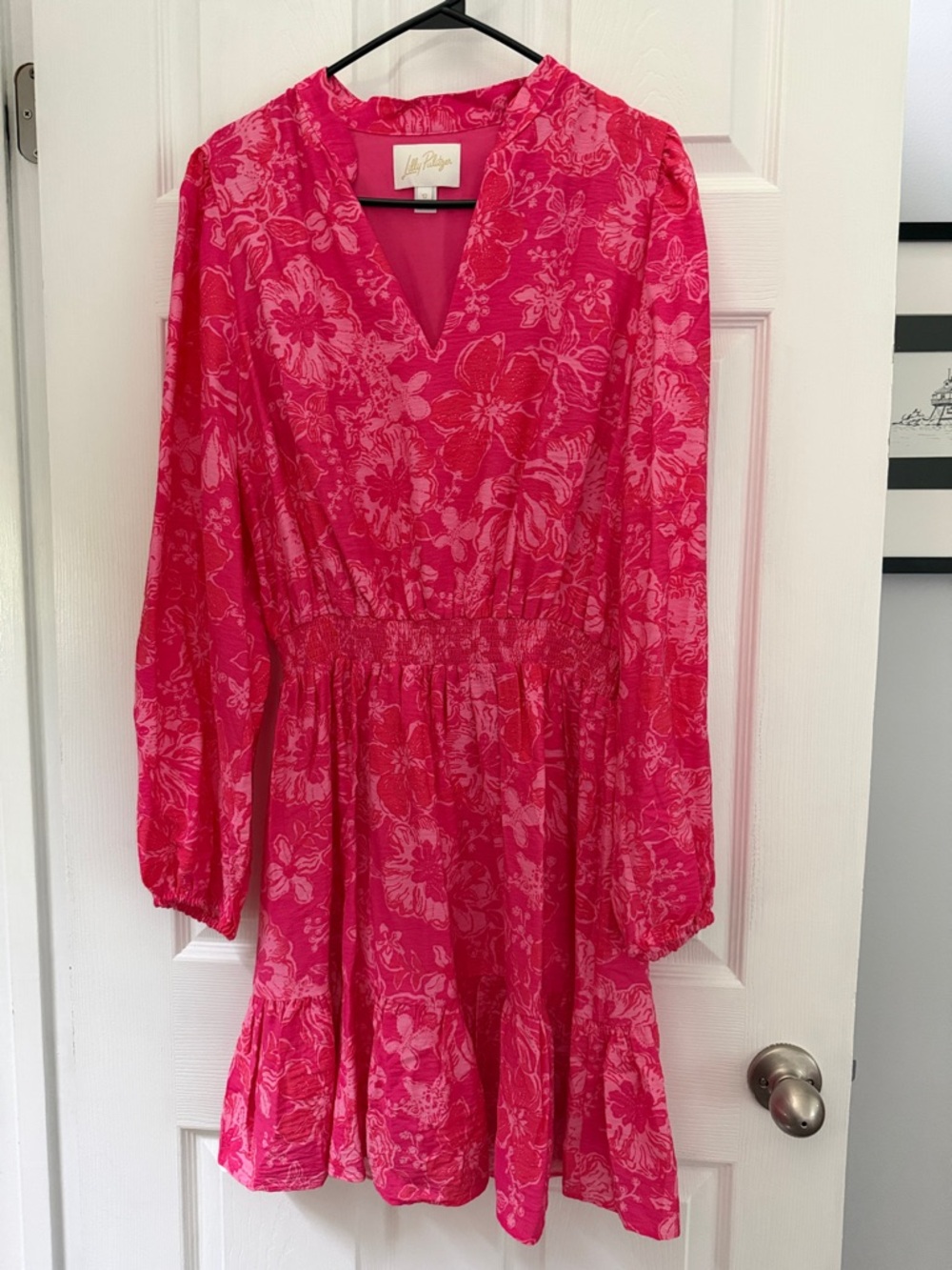 Lilly Pulitzer Hot Pink Floral V-Neck Smocked Waist Dress